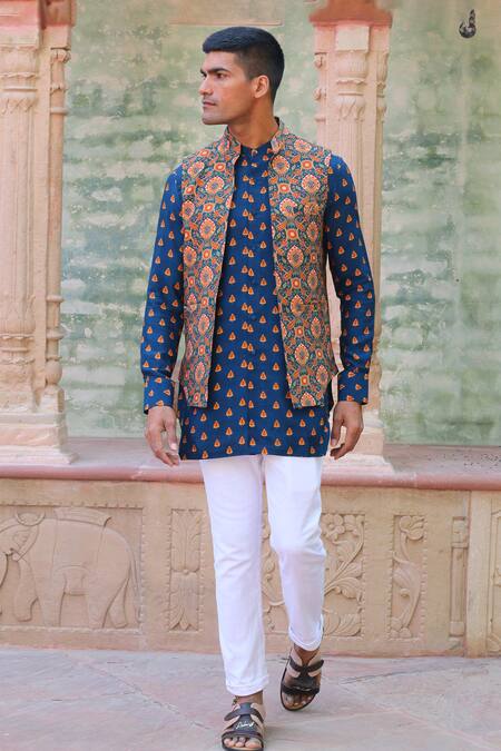 Shop_Ankur J_Blue Cotton, Silk Embroidery Printed Kurta Set With Waistcoat _Online_at_Aza_Fashions