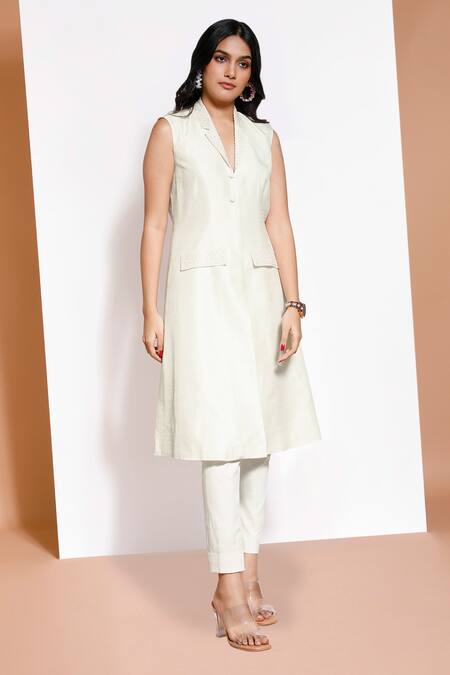 Kressa_White Crepe, Silk, Cotton Sequins Embellished Blazer And Pant Set _at_Aza_Fashions