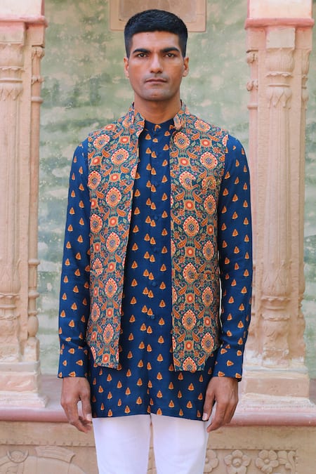 Ankur J_Blue Cotton, Silk Embroidery Printed Kurta Set With Waistcoat _at_Aza_Fashions