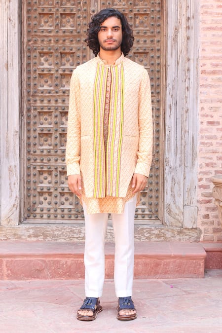 Ankur J Peach Cotton Silk Printed Floral Waistcoat With Kurta Set 