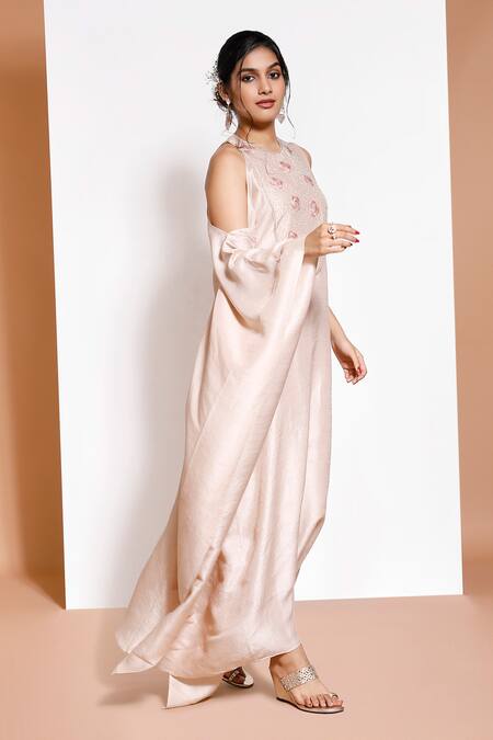 Shop_Kressa_Pink Silk, Crepe Embroidery Round Neck Cut Out Sleeve Kaftan _at_Aza_Fashions