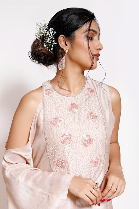 Kressa_Pink Silk, Crepe Embroidery Round Neck Cut Out Sleeve Kaftan _Online_at_Aza_Fashions