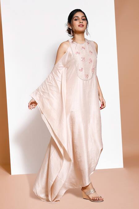Shop_Kressa_Pink Silk, Crepe Embroidery Round Neck Cut Out Sleeve Kaftan _Online_at_Aza_Fashions