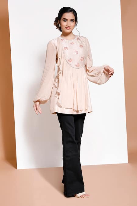 Kressa_Pink Crepe Embroidered Floral Round Tunic  _Online_at_Aza_Fashions