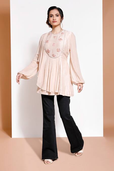 Shop_Kressa_Pink Crepe Embroidered Floral Round Tunic  _Online_at_Aza_Fashions