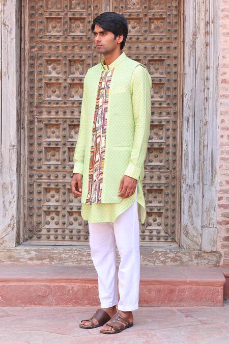 Ankur J_Green Cotton Silk Printed Ogee Kurta Set _Online_at_Aza_Fashions