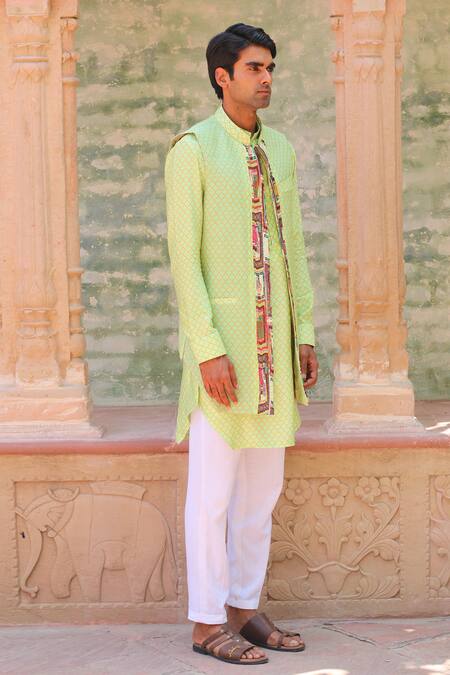Ankur J_Green Cotton Silk Printed Ogee Kurta Set _at_Aza_Fashions