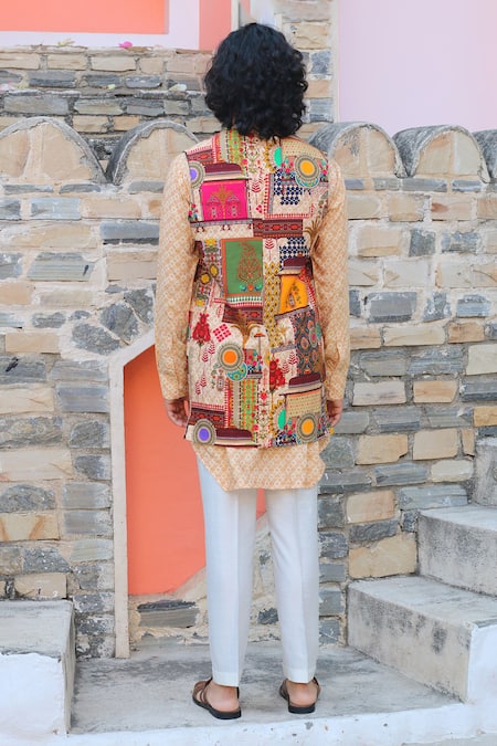 Shop_Ankur J_Peach Cotton Silk Printed Floral Abstract Waistcoat And Kurta Set _at_Aza_Fashions