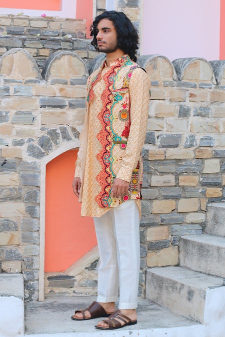 Ankur J_Peach Cotton Silk Printed Floral Abstract Waistcoat And Kurta Set _Online_at_Aza_Fashions