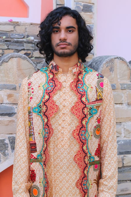 Buy_Ankur J_Peach Cotton Silk Printed Floral Abstract Waistcoat And Kurta Set _Online_at_Aza_Fashions