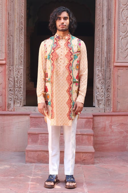 Ankur J_Peach Cotton Silk Printed Floral Abstract Waistcoat And Kurta Set _at_Aza_Fashions