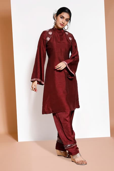Shop Kressa Maroon Silk, Crepe Embroidery Bandeau Neck A-line Kurta And Pant Set at Aza Fashions Shop_Kressa_Maroon Silk, Crepe Embroidery Bandeau Neck A-line Kurta And Pant Set_at_Aza_Fashions