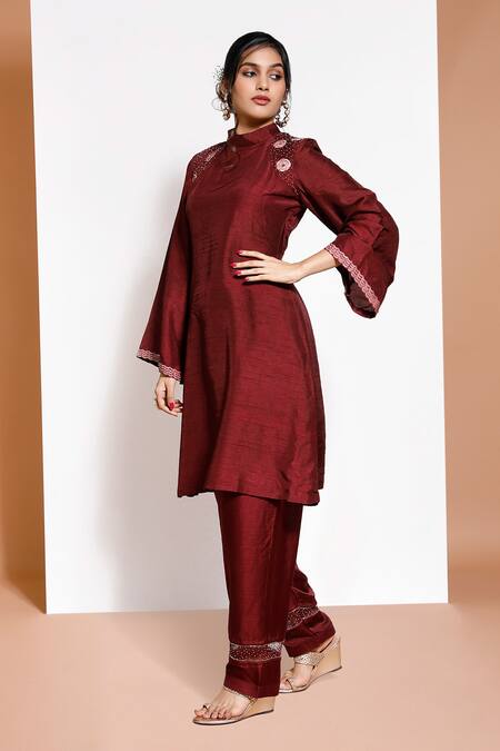 Kressa Maroon Silk, Crepe Embroidery Bandeau Neck A-line Kurta And Pant Set Online at Aza Fashions Kressa_Maroon Silk, Crepe Embroidery Bandeau Neck A-line Kurta And Pant Set_Online_at_Aza_Fashions