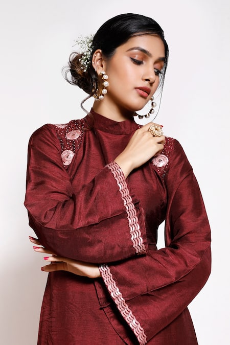Buy Kressa Maroon Silk, Crepe Embroidery Bandeau Neck A-line Kurta And Pant Set Online at Aza Fashions Buy_Kressa_Maroon Silk, Crepe Embroidery Bandeau Neck A-line Kurta And Pant Set_Online_at_Aza_Fashions