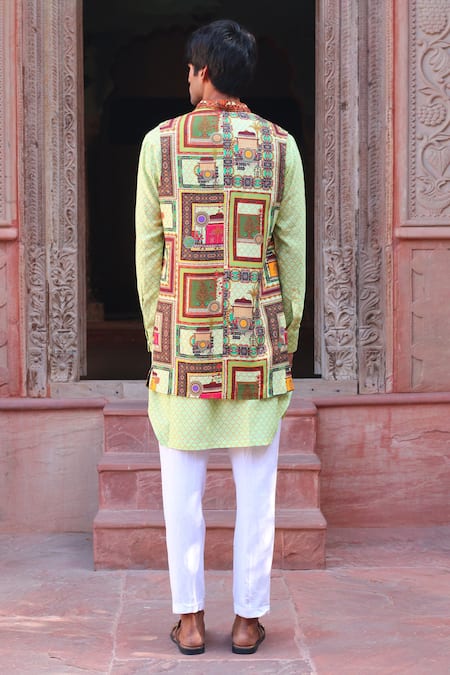 Shop_Ankur J_Green Cotton Silk Printed Floral And Abstract Waistcoat Kurta Set _at_Aza_Fashions