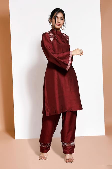Shop Kressa Maroon Silk, Crepe Embroidery Bandeau Neck A-line Kurta And Pant Set Online at Aza Fashions Shop_Kressa_Maroon Silk, Crepe Embroidery Bandeau Neck A-line Kurta And Pant Set_Online_at_Aza_Fashions