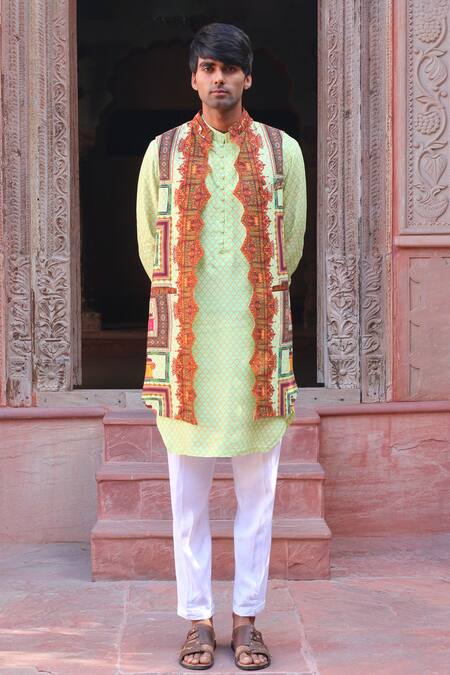 Ankur J_Green Cotton Silk Printed Floral And Abstract Waistcoat Kurta Set _Online_at_Aza_Fashions