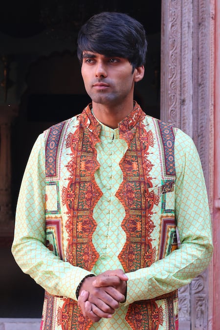 Shop_Ankur J_Green Cotton Silk Printed Floral And Abstract Waistcoat Kurta Set _Online_at_Aza_Fashions