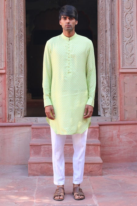 Ankur J_Green Cotton Silk Printed Floral And Abstract Waistcoat Kurta Set _at_Aza_Fashions