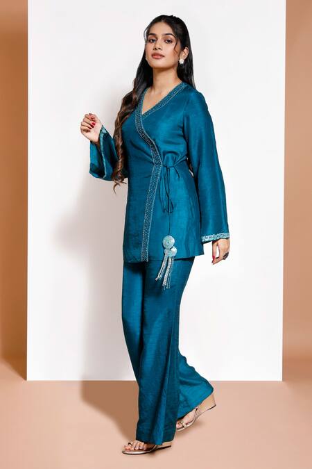 Kressa_Green Silk, Crepe Tassels, Embroidery Anghrakha Top And Bell Bottom Pant Set_Online_at_Aza_Fashions