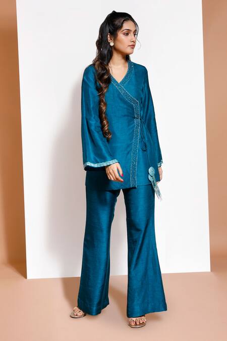 Shop_Kressa_Green Silk, Crepe Tassels, Embroidery Anghrakha Top And Bell Bottom Pant Set_Online_at_Aza_Fashions