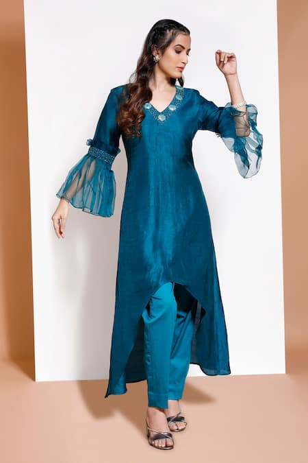 Shop Kressa Green Silk, Crepe, Cotton Embroidery V-neck High-low Kurta And Pant Set at Aza Fashions Shop_Kressa_Green Silk, Crepe, Cotton Embroidery V-neck High-low Kurta And Pant Set_at_Aza_Fashions