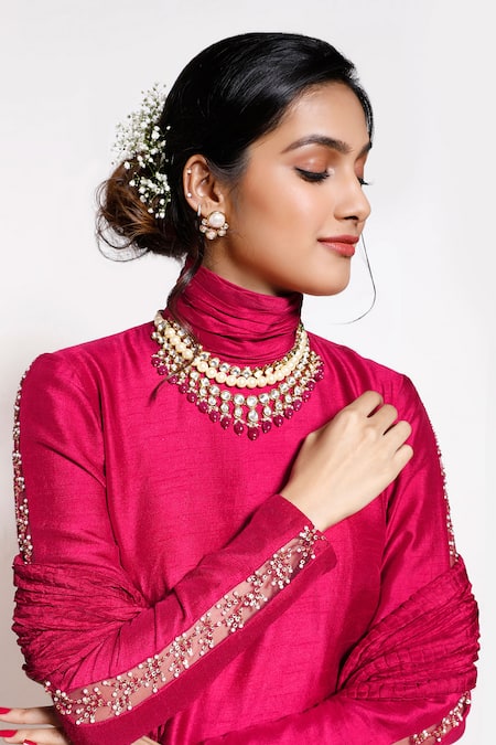 Kressa_Red Crepe Embellished Floral Turtle Neck Collar Kurta Set _Online_at_Aza_Fashions