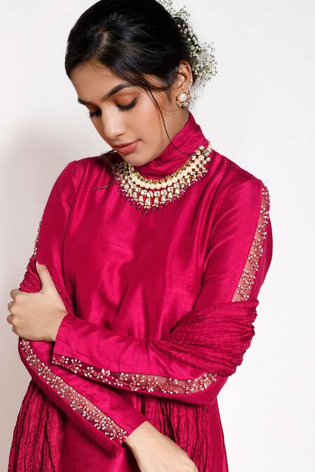 Shop_Kressa_Red Crepe Embellished Floral Turtle Neck Collar Kurta Set _Online_at_Aza_Fashions