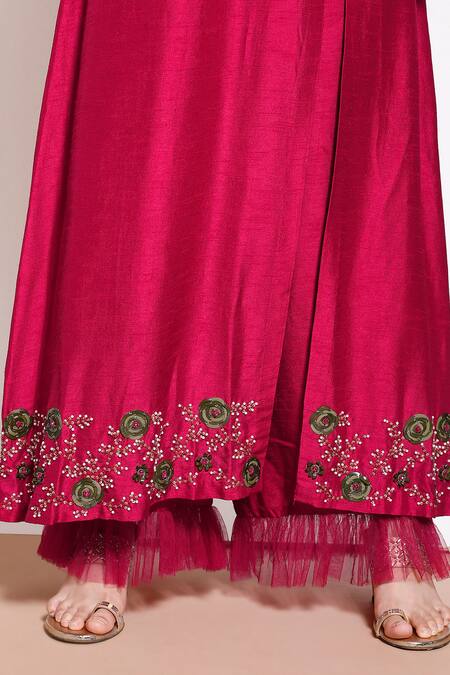 Shop_Kressa_Red Crepe Embroidered Floral V Neck A-line Kurta Set _Online_at_Aza_Fashions