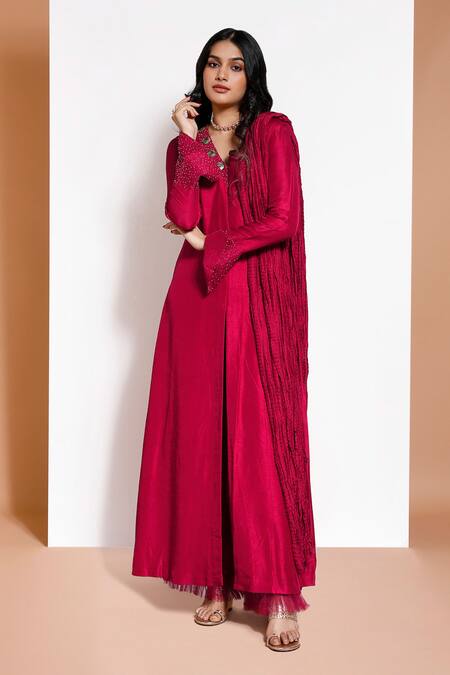 Shop_Kressa_Red Crepe Embroidered Floral V Neck Sherwani Kurta Set _at_Aza_Fashions