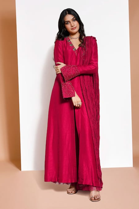 Shop_Kressa_Red Crepe Embroidered Floral V Neck Sherwani Kurta Set _Online_at_Aza_Fashions