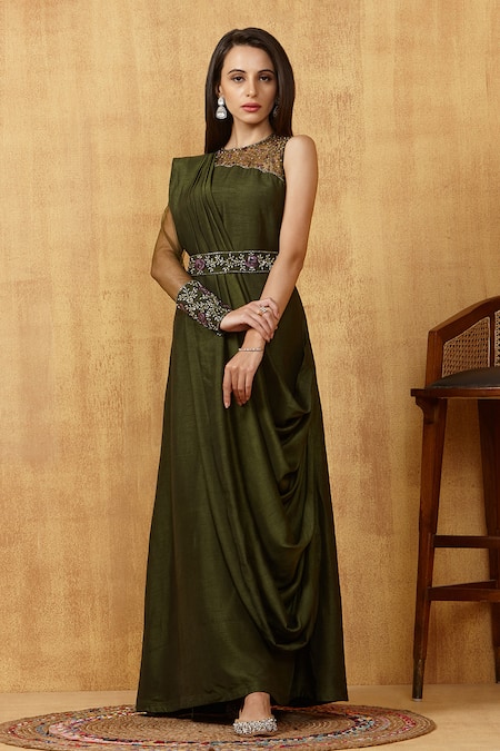 Kressa_Green Silk, Crepe Embroidery Round Neck Drape Gown _Online_at_Aza_Fashions