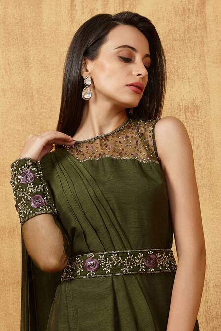 Buy_Kressa_Green Silk, Crepe Embroidery Round Neck Drape Gown _Online_at_Aza_Fashions