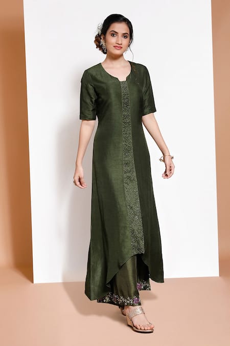 Shop_Kressa_Green Silk, Crepe Embroidery Round Neck Embellished Kurta And Palazzo Set _at_Aza_Fashions