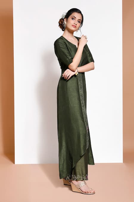 Kressa_Green Silk, Crepe Embroidery Round Neck Embellished Kurta And Palazzo Set _Online_at_Aza_Fashions