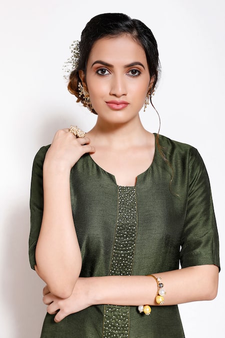 Buy_Kressa_Green Silk, Crepe Embroidery Round Neck Embellished Kurta And Palazzo Set _Online_at_Aza_Fashions