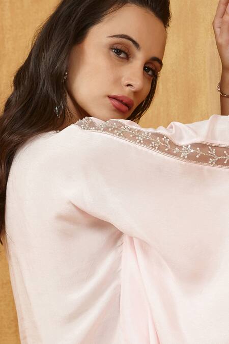 Shop_Kressa_Pink Silk, Crepe Tassels, Embroidery V-neck Detailed Kaftan _Online_at_Aza_Fashions