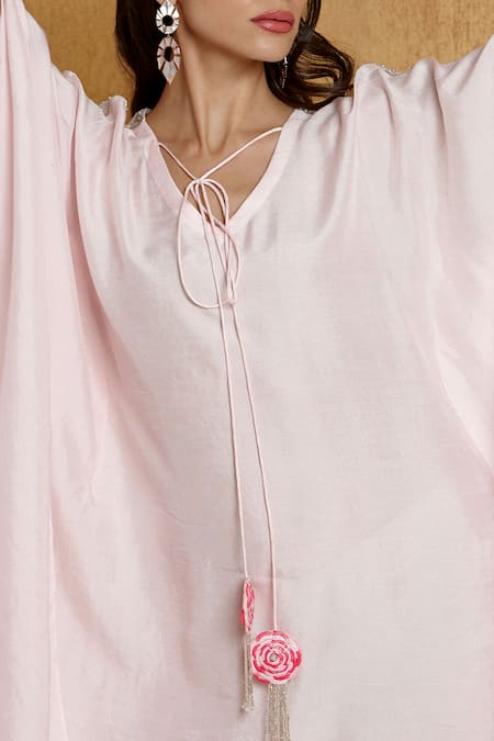 Kressa_Pink Silk, Crepe Tassels, Embroidery V-neck Detailed Kaftan _at_Aza_Fashions