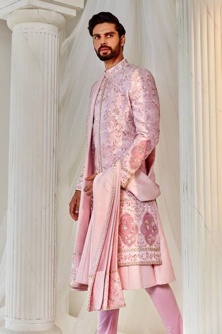 Buy_Rachit Khanna_Pink Silk Embroidery Floral Sequin Sherwani Set _Online_at_Aza_Fashions