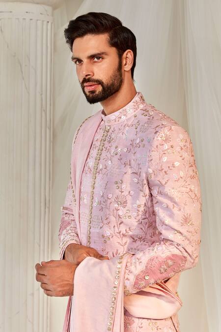 Shop_Rachit Khanna_Pink Silk Embroidery Floral Sequin Sherwani Set _Online_at_Aza_Fashions