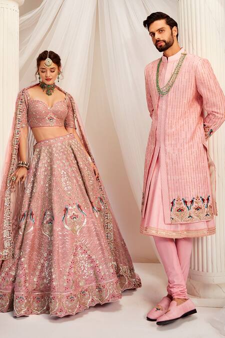 Rachit Khanna_Peach , Satin, Cotton Embroidery, Stripe And Bird Pattern Sherwani Set_Online_at_Aza_Fashions