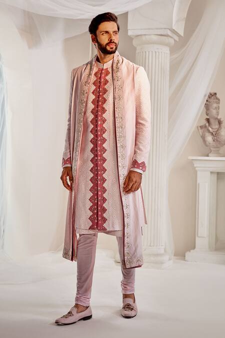 Shop Rachit Khanna Pink Georgette Cut Work, Sequins, Embroidery Lucknowi Thread Sherwani Set at Aza Fashions Shop_Rachit Khanna_Pink Georgette Cut Work, Sequins, Embroidery Lucknowi Thread Sherwani Set_at_Aza_Fashions