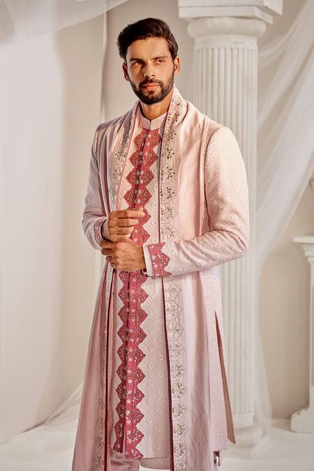 Rachit Khanna Pink Georgette Cut Work, Sequins, Embroidery Lucknowi Thread Sherwani Set Online at Aza Fashions Rachit Khanna_Pink Georgette Cut Work, Sequins, Embroidery Lucknowi Thread Sherwani Set_Online_at_Aza_Fashions