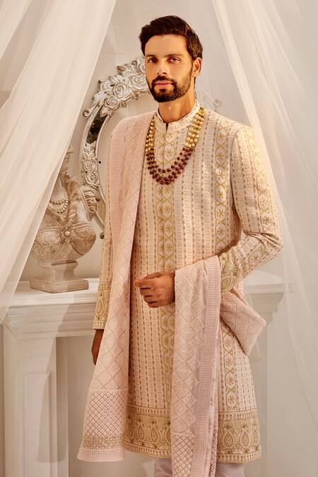 Rachit Khanna_Peach Georgette Embroidery, Zari, Cut Work, Lucknowi Thread Sherwani Set _Online_at_Aza_Fashions
