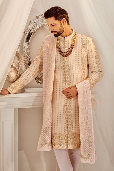 Buy_Rachit Khanna_Peach Georgette Embroidery, Zari, Cut Work, Lucknowi Thread Sherwani Set _Online_at_Aza_Fashions