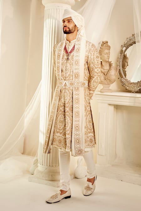 Shop_Rachit Khanna_Ivory Silk Diamonds, Embroidery Vintage Resham Sherwani Set _Online_at_Aza_Fashions