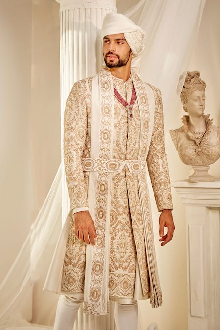 Rachit Khanna_Ivory Silk Diamonds, Embroidery Vintage Resham Sherwani Set _at_Aza_Fashions