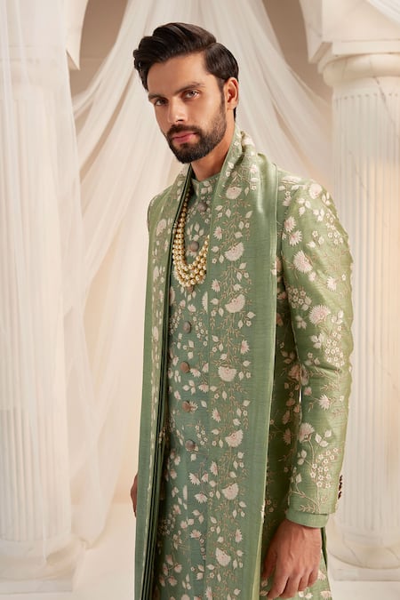 Rachit Khanna_Green Silk Embroidery Botanical Resham Sherwani Set _Online_at_Aza_Fashions