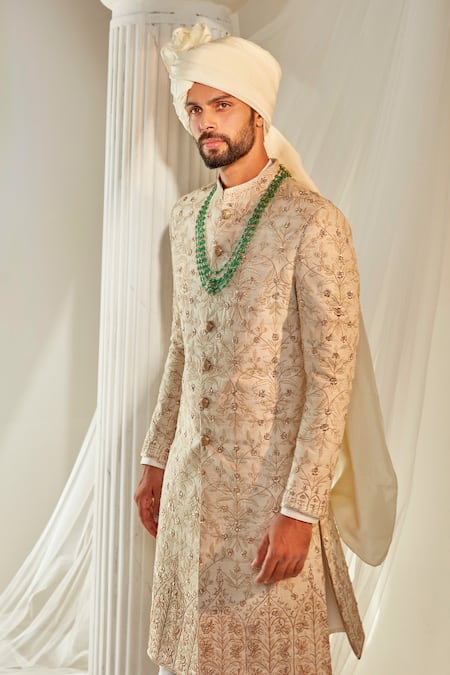 Rachit Khanna_Ivory , Organza Embroidery, Sequins, Botanical Pattern Sherwani Set _Online_at_Aza_Fashions