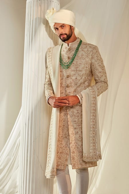 Buy_Rachit Khanna_Ivory , Organza Embroidery, Sequins, Botanical Pattern Sherwani Set _Online_at_Aza_Fashions